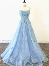 Blue Backless Lace Prom Dresses, Open Back Blue Lace Formal Evening Graduation Dresses